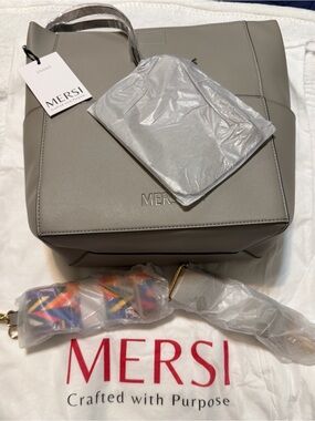 MERSI Gray100% Vegan Leather Tote with Colorful Strap